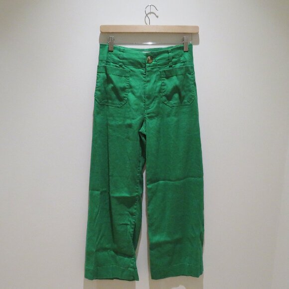ANTHROPOLOGIE MAEVE The Colette Cropped Wide Leg Linen Pants in Bright Green 25 - Picture 2 of 15
